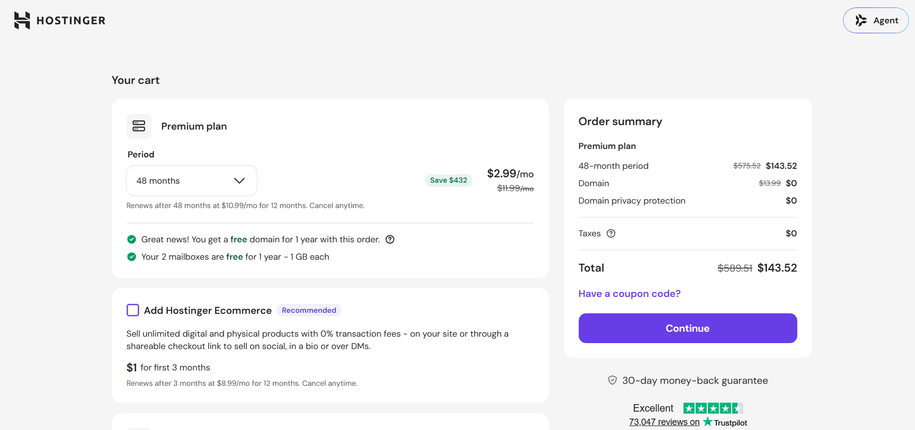 Hostinger cart showing the Premium plan at $2.99 a month for 48 months, a $143.52 total, and renewal at $10.99 a month.