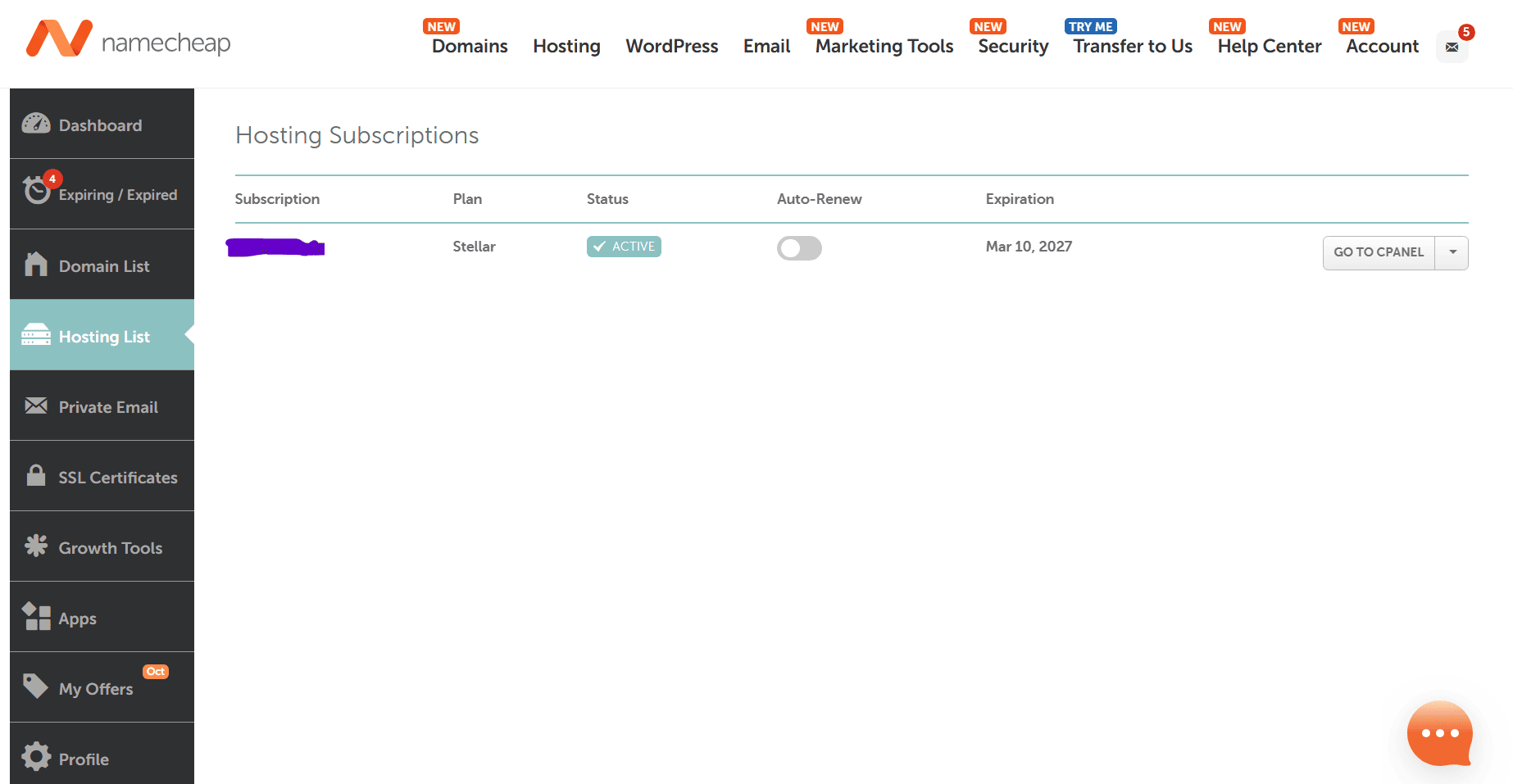 Namecheap hosting subscriptions page showing auto-renew turned off for a Stellar plan expiring March 10, 2027