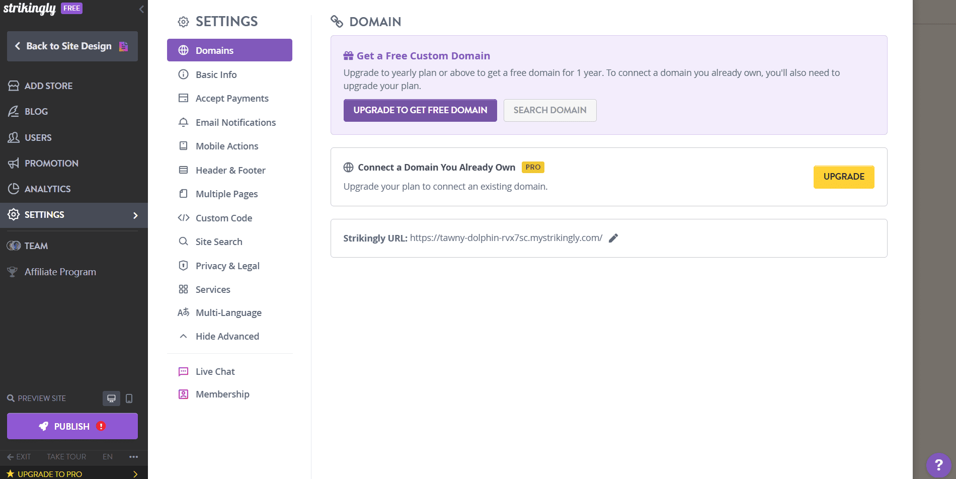 The domain connection screen