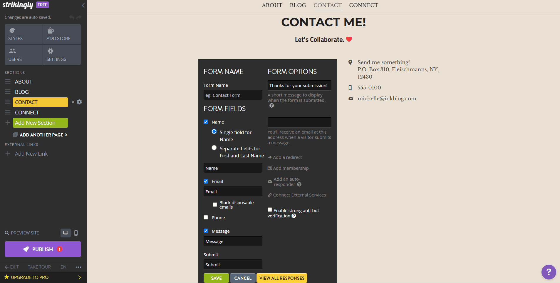 The navigation and form settings