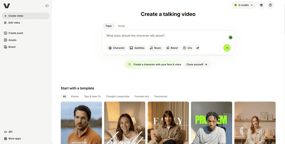 VEED Create a talking video page with a topic prompt box and character, subtitles, music and brand options