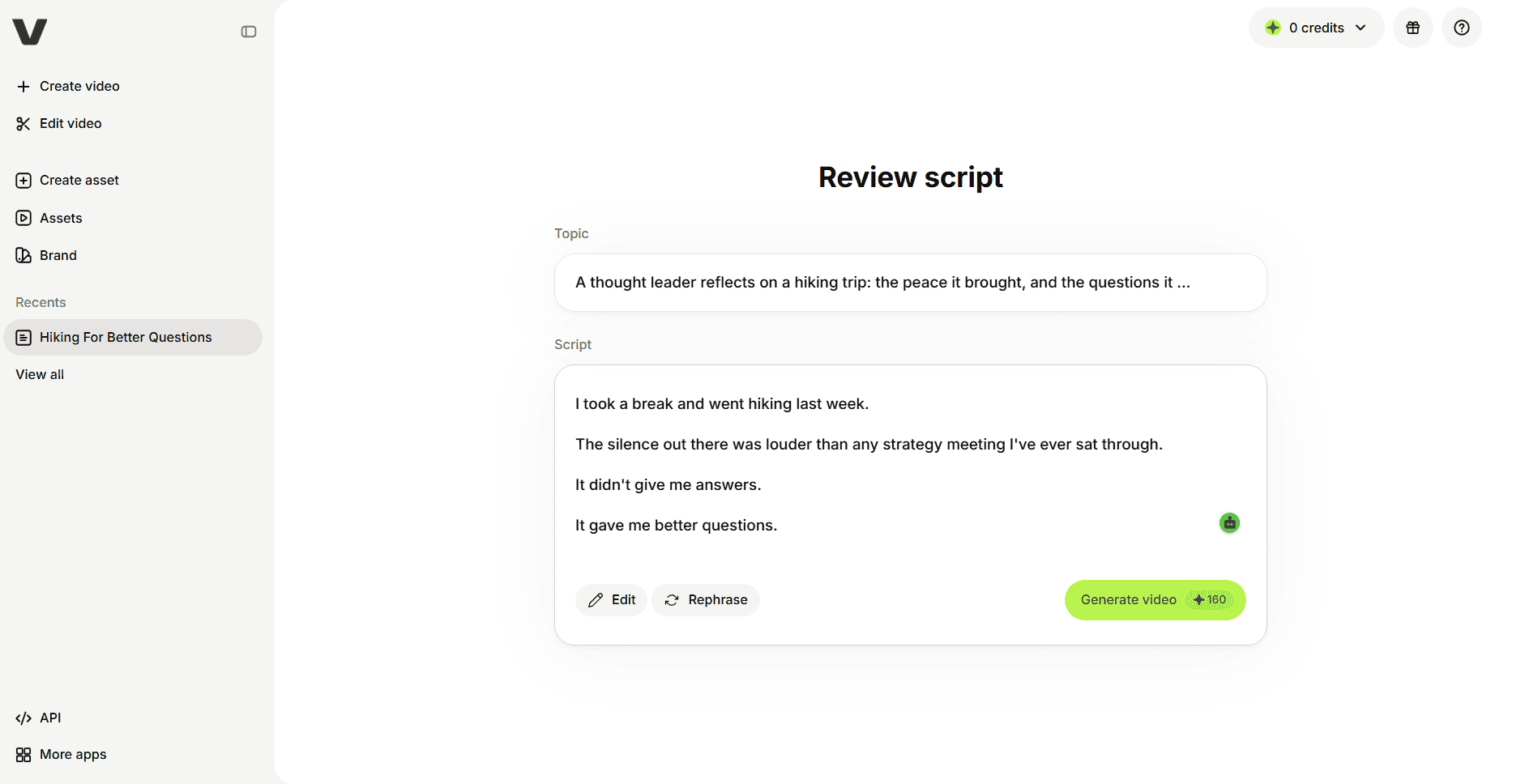 VEED review script screen with a Generate video button priced at 160 credits and a 0 credits balance in the top corner