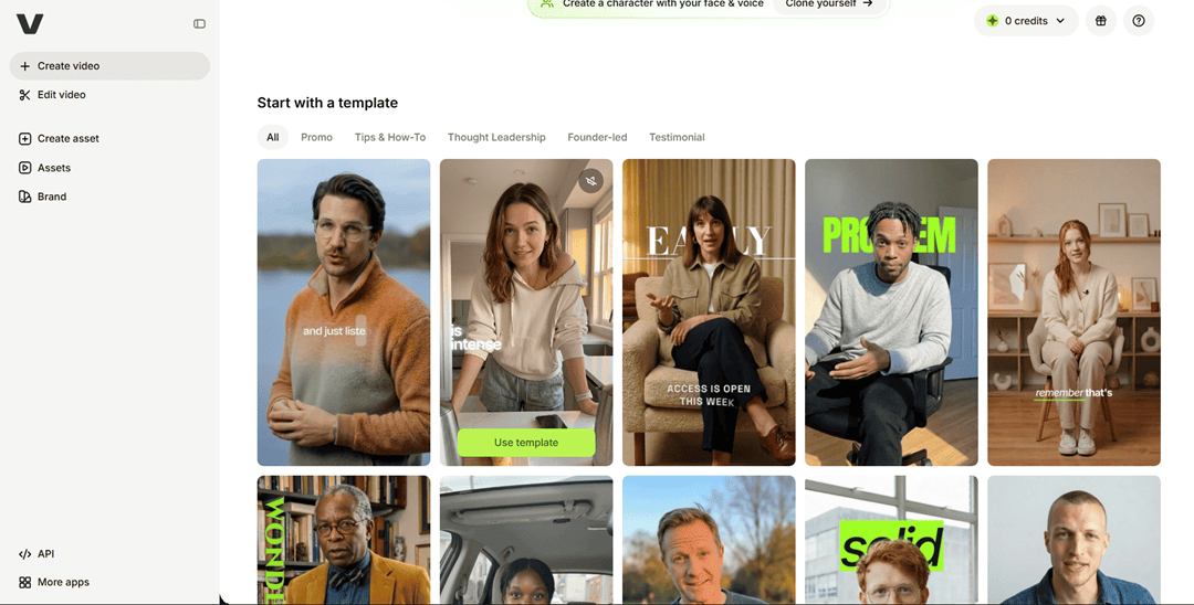 VEED template library with tabs for Promo, Tips and How-To, Thought Leadership, Founder-led, and Testimonial